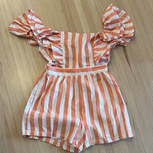 NWT - Striped Orange and White Linen ruffle romper - Large